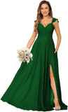 Women's Cap Sleeves Chiffon Bridesmaid Dresses Long with Pockets Ruffle Formal Evening Dresses with Slit Wedding Party Gowns