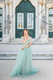 Vestido de novia con hombros descubiertos Vestido de novia color menta pastel de tul completo Vestido de noche con corsé drapeado Vestido de novia sin espalda 