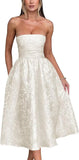 Vestido de fiesta de satén jacquard floral, largo hasta la rodilla, corte A, sin tirantes, con corsé, para dama de honor, para fiesta de noche formal 