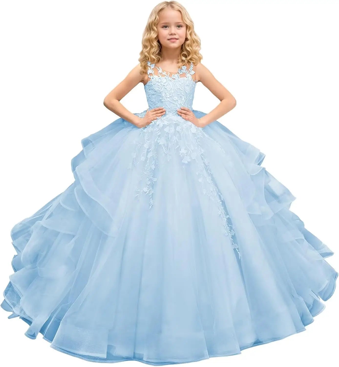 Tüll Prinzessin Ärmellose Festzugskleider Lange Spitze Applique Blumenmädchen Kleid Kinder Geburtstagsparty Ballkleid Festzugskleider 