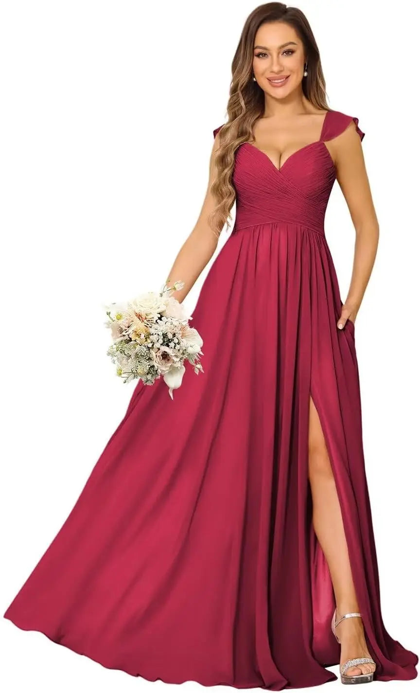 Women's Cap Sleeves Chiffon Bridesmaid Dresses Long with Pockets Ruffle Formal Evening Dresses with Slit Wedding Party Gowns