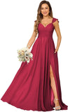 Women's Cap Sleeves Chiffon Bridesmaid Dresses Long with Pockets Ruffle Formal Evening Dresses with Slit Wedding Party Gowns