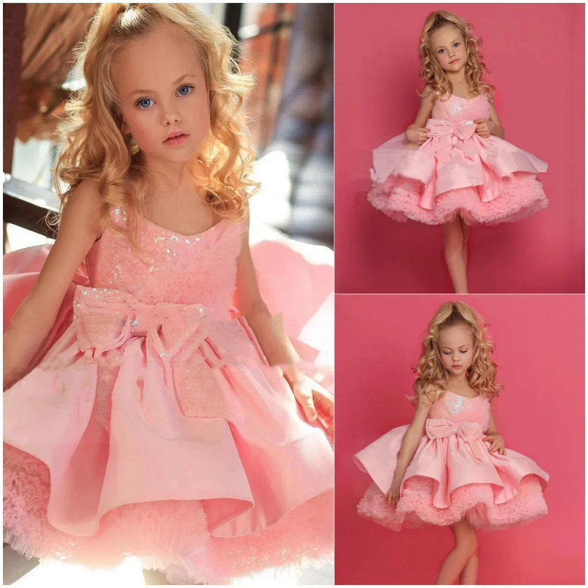 Sequins Knee Length Kids Little Bride Evening Party First Communion Ball Gowns Pink Satin Flower Girl Dresses for Weddings