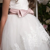 Apliques de encaje de tul blanco con cinturón de lazo rosa sin mangas para bodas, cumpleaños, banquetes, vestidos de princesa, vestidos de niña de las flores 
