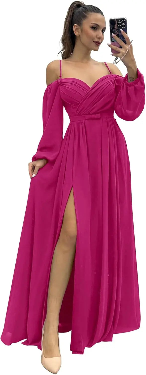 Vestido de dama de honor de manga larga para mujer, con tirantes finos, para invitada de boda, con abertura y bolsillos, vestido formal fruncido. 