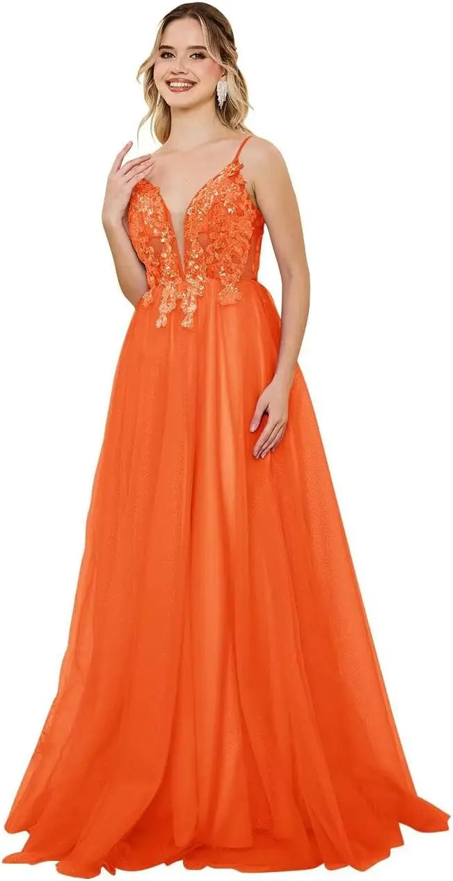 Vestidos de fiesta de tul con escote en V profundo para mujer, tirantes finos, apliques de encaje, vestidos de noche largos de corte A 