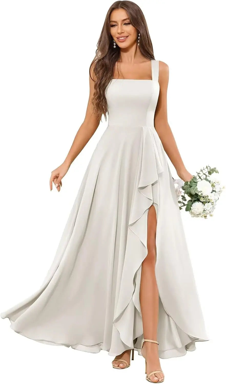 Chiffon Ruffle Bridesmaid Dresses for Women Square Neck Formal Evening Dress with Slit elegant dress women for wedding party