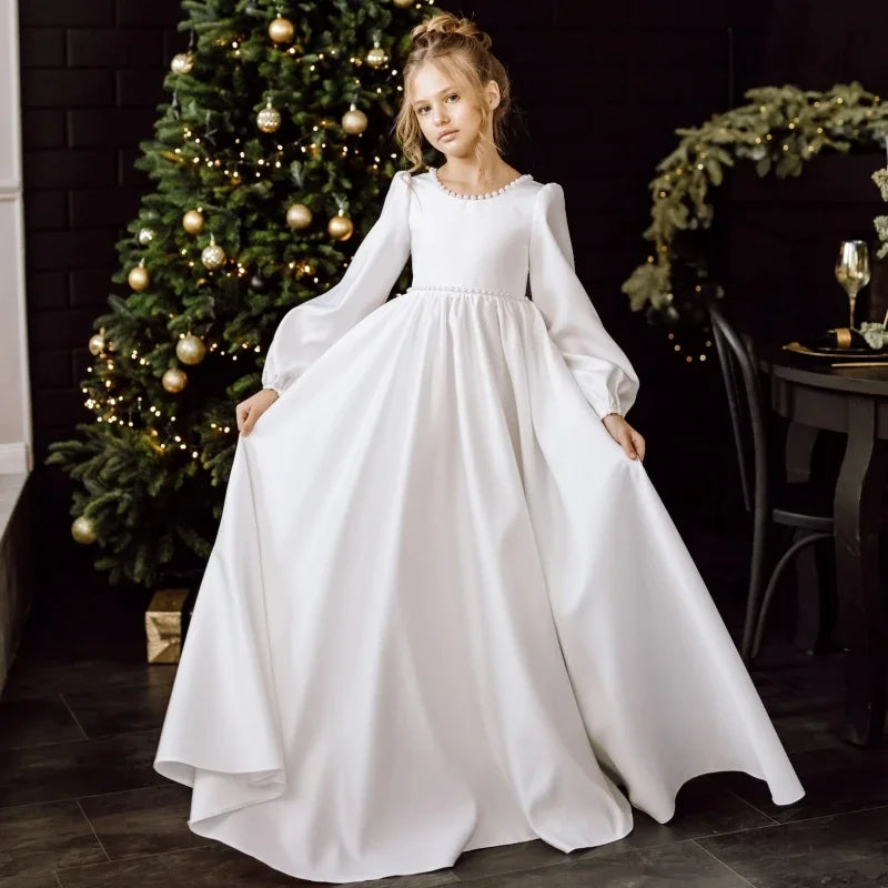Vestidos de satén blanco con cuello de perlas y lazo, manga larga, para bodas, cumpleaños, banquetes, comunión, personalizados, para niñas de las flores. 