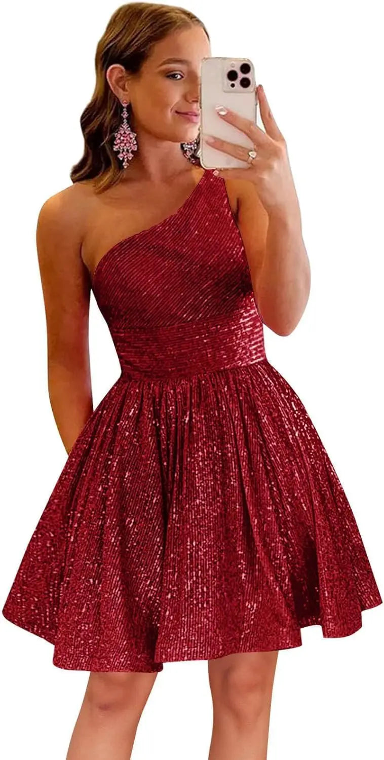 Vestido de fiesta corto con lentejuelas y un hombro brillante para mujeres y niñas. 