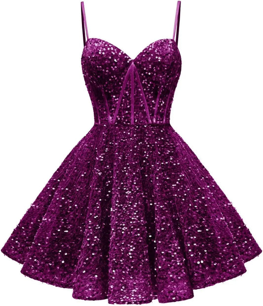 Vestido corto de fiesta con lentejuelas y tirantes finos para graduación, con bolsillos, para noche, cóctel y fiesta. 