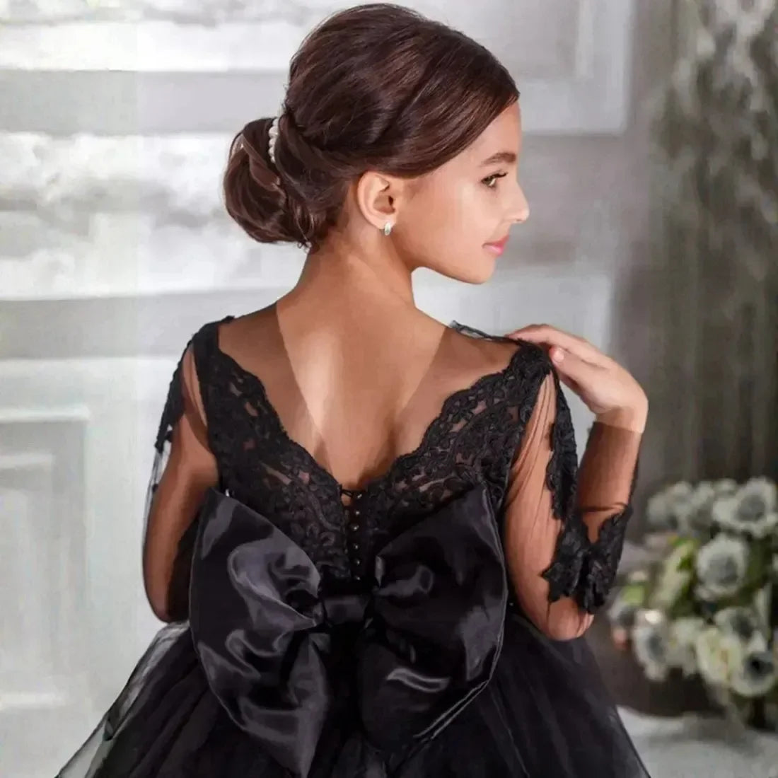 Apliques de encaje de tul de longitud completa para niña, vestido de fiesta de cumpleaños para niña, vestidos de primera comunión, vestidos negros para niña de las flores para boda 
