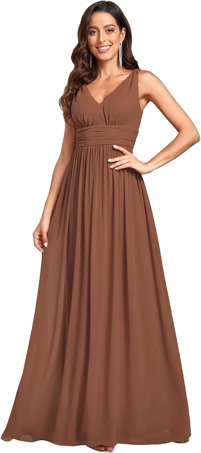 Womens Bridesmaid Dress V-Neck Sleeveless A Line Chiffon Floor Length Formal Dress wedding guest dress  ball gown