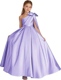 One-Shoulder-Satin-Blumenmädchenkleider, lange Festzugskleider für Mädchen, Ballkleid mit Schleife, Prinzessinnenkleid, Partykleider