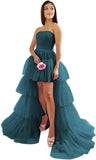 High Low Tüll Ballkleider Lange trägerlose gestufte Abendkleider A-Linie Abendkleid mit Schleppe Partykleider Damen Abend 