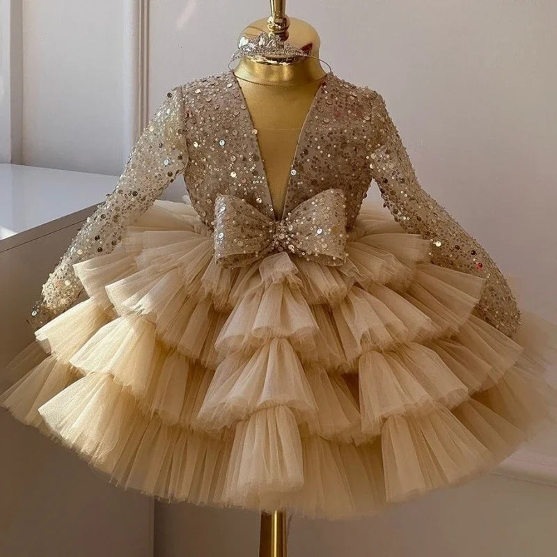 Bonitos vestidos de princesa para fiesta de bodas, personalizados, de organza brillante con lentejuelas y lazo, para niña de las flores. 