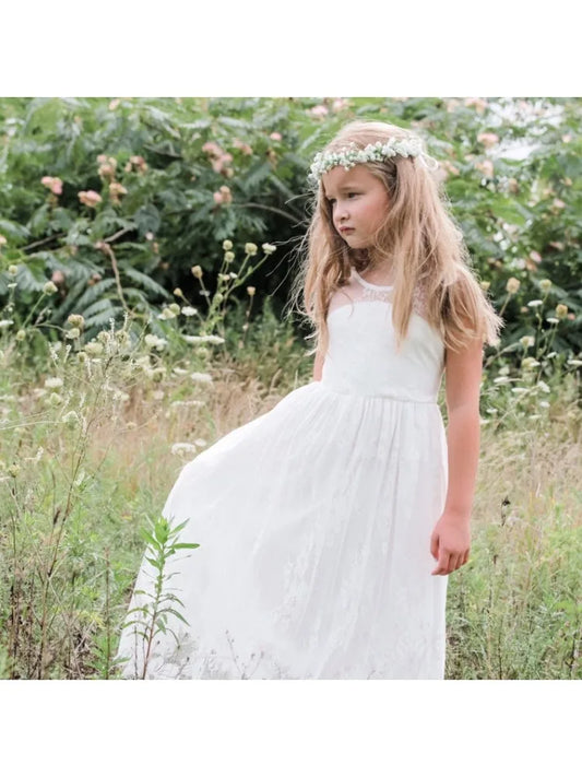 Flower Girl Dress ivory dress toddler Lace with Bows Dresses White Tulle Gowns Kids First Communion Gowns Backless with Bows