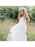 Blumenmädchenkleid Elfenbeinkleid Kleinkind Spitze mit Schleifen Kleider Weiße Tüllkleider Kinder Erstkommunionkleider Rückenfrei mit Schleifen 