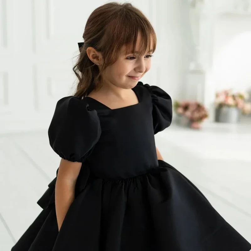 Vestidos de tul satinado negro con lazo, mangas cortas, para bodas, cumpleaños, graduaciones, comuniones, personalizados, para niñas de las flores. 