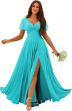 Custom Made Flutter Sleeves Split Bridesmaid Dresses with Slit Long V Neck Empire Waist Formal Evening Dress for Women Wedding