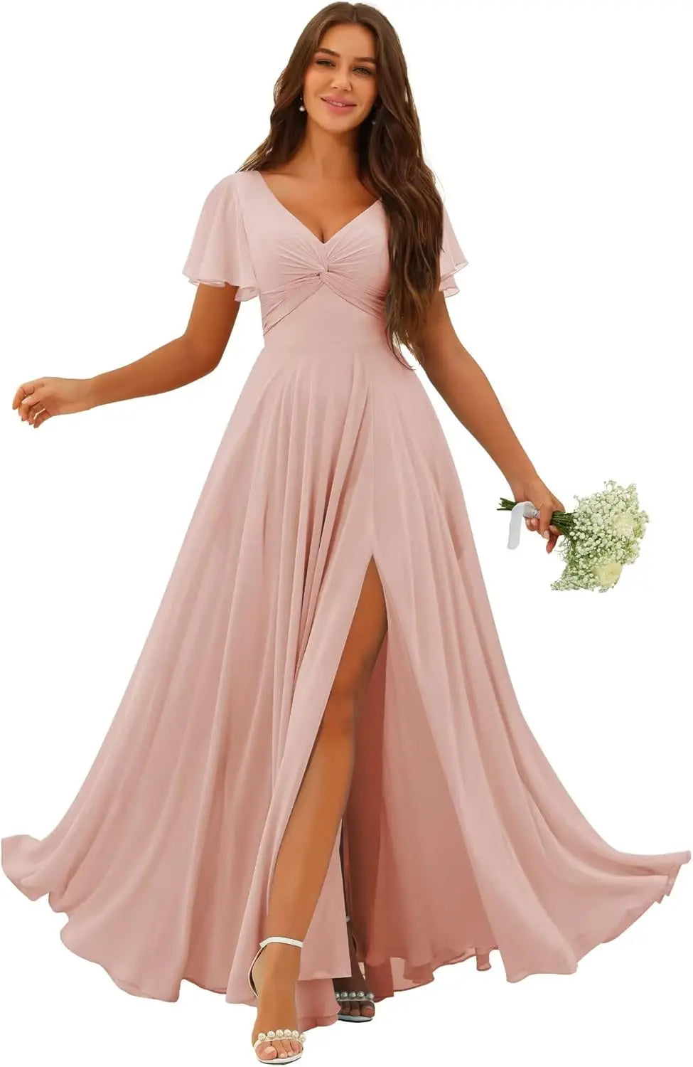 Custom Made Flutter Sleeves Split Bridesmaid Dresses with Slit Long V Neck Empire Waist Formal Evening Dress for Women Wedding