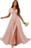 Custom Made Flutter Sleeves Split Bridesmaid Dresses with Slit Long V Neck Empire Waist Formal Evening Dress for Women Wedding