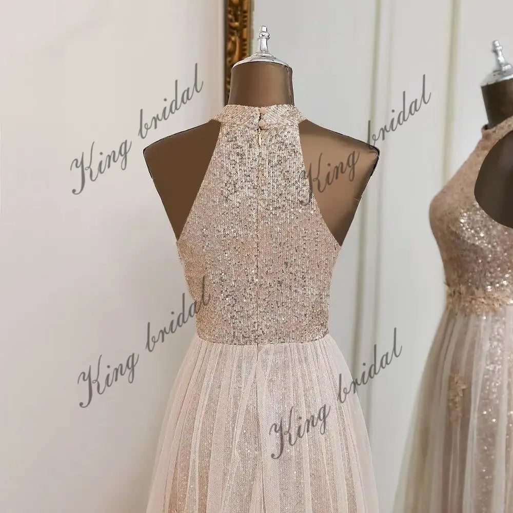 Vestidos de fiesta de lentejuelas con cuello halter y flores, hechos a medida, 2025, de tul brillante, corte A, para boda, fiesta formal de noche 