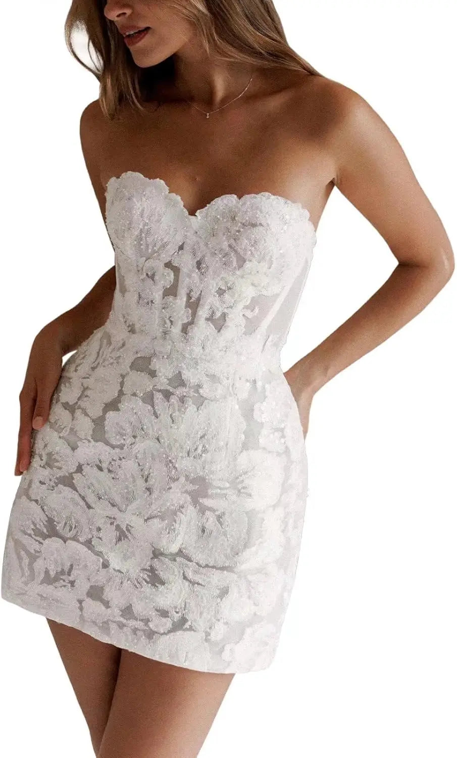 Kurze Brautkleider für die Braut, Strand, Spitzenapplikation, Tüll, trägerlos, Boho-Korsett, Mini-Brautkleid, Satin-Brautkleid mit Ärmeln 