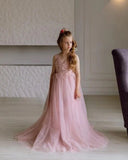 Vestido de tul con encaje para niña pequeña, para boda, con cola, para cumpleaños de niña, vestidos para niñas pequeñas para fiesta y boda, vestido de niña de flores color ruborizado 