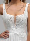 Chiffon Schlitz Brautkleid, Rückenloses Hochzeitskleid, Bestickte Spitze V-Ausschnitt Boho StrandHochzeitskleider Individuelles Hochzeitskleid 