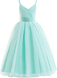Vestido de tul con tirantes finos para niñas de flores, largo, corte A, para bodas, desfiles, princesas, fiestas de cumpleaños, vestidos de gala 