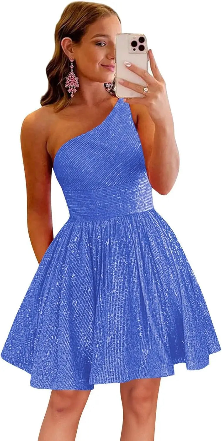 Vestido de fiesta corto con lentejuelas y un hombro brillante para mujeres y niñas. 