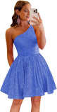 Vestido de fiesta corto con lentejuelas y un hombro brillante para mujeres y niñas. 