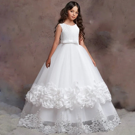 Drincess Dress Flower Girl Dresses White Tulle Appliques With Bow Sleeveless For Wedding Birthday Party Banquet Princess Gowns