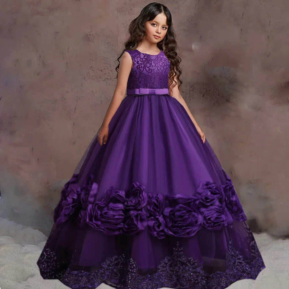 Vestido de princesa para niña de las flores, con apliques de tul blanco y lazo, sin mangas, para bodas, fiestas de cumpleaños, banquetes, vestidos de princesa. 