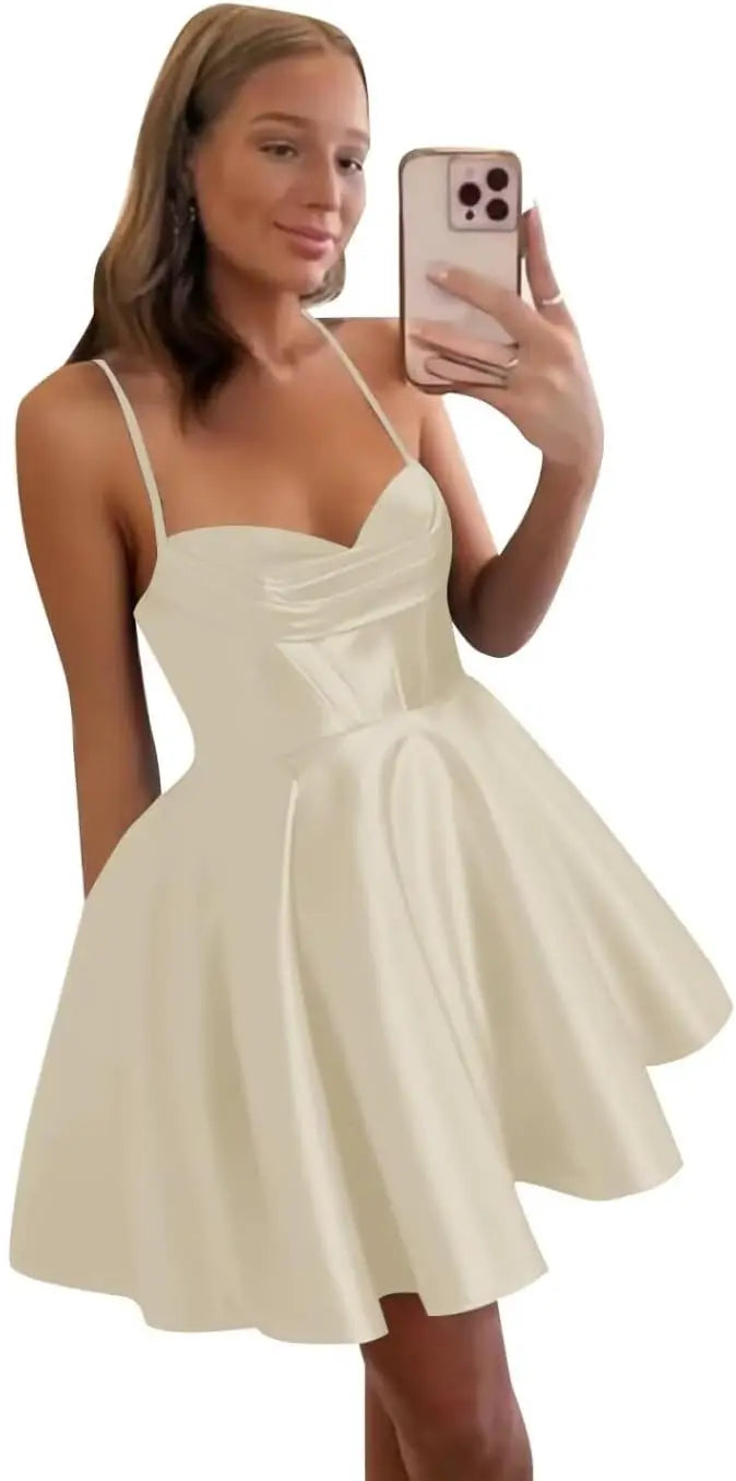 Spaghetti Straps Satin Homecoming Dresses for Women Short Halter Formal Prom Dresses with Pockets Graduation Mini Dress