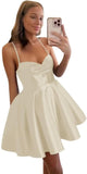 Spaghetti Straps Satin Homecoming Dresses for Women Short Halter Formal Prom Dresses with Pockets Graduation Mini Dress