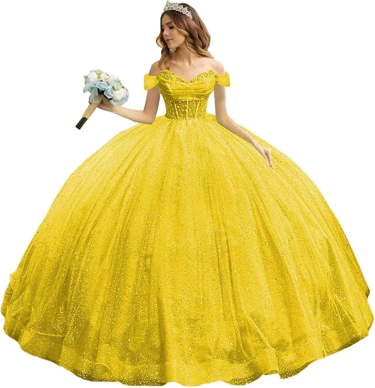 Tulle Quinceanera Dresses with Bow Puffy Off Shoulder Sweet 16 Dresses Sparkly Crystal Quince Dress with Train