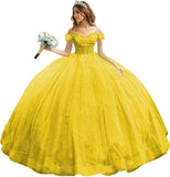Tulle Quinceanera Dresses with Bow Puffy Off Shoulder Sweet 16 Dresses Sparkly Crystal Quince Dress with Train