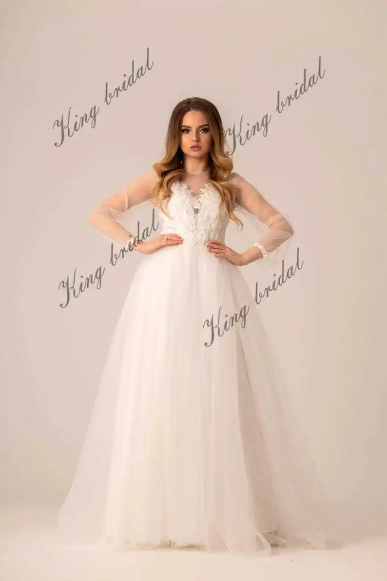 Vestido de novia de encaje y tul con escote en V profundo y mangas largas Vestido de novia línea A personalizado Vestidos de novia para mujer 2025 novia 
