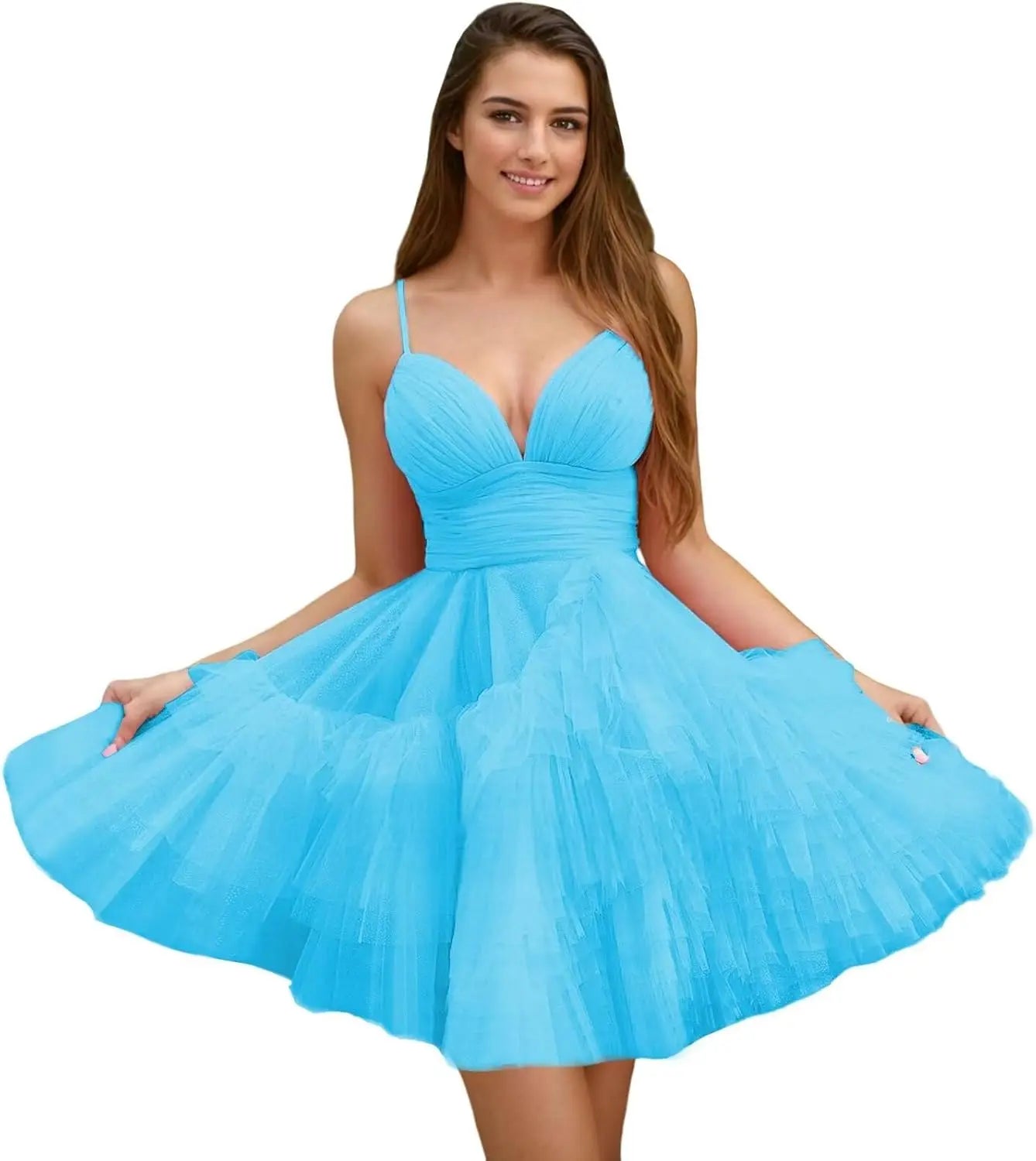 Fashion Tiered Homecoming Dresses Ruffle Tulle Mini Dresses Elegant V Neck Short Prom Dresses graduation dress