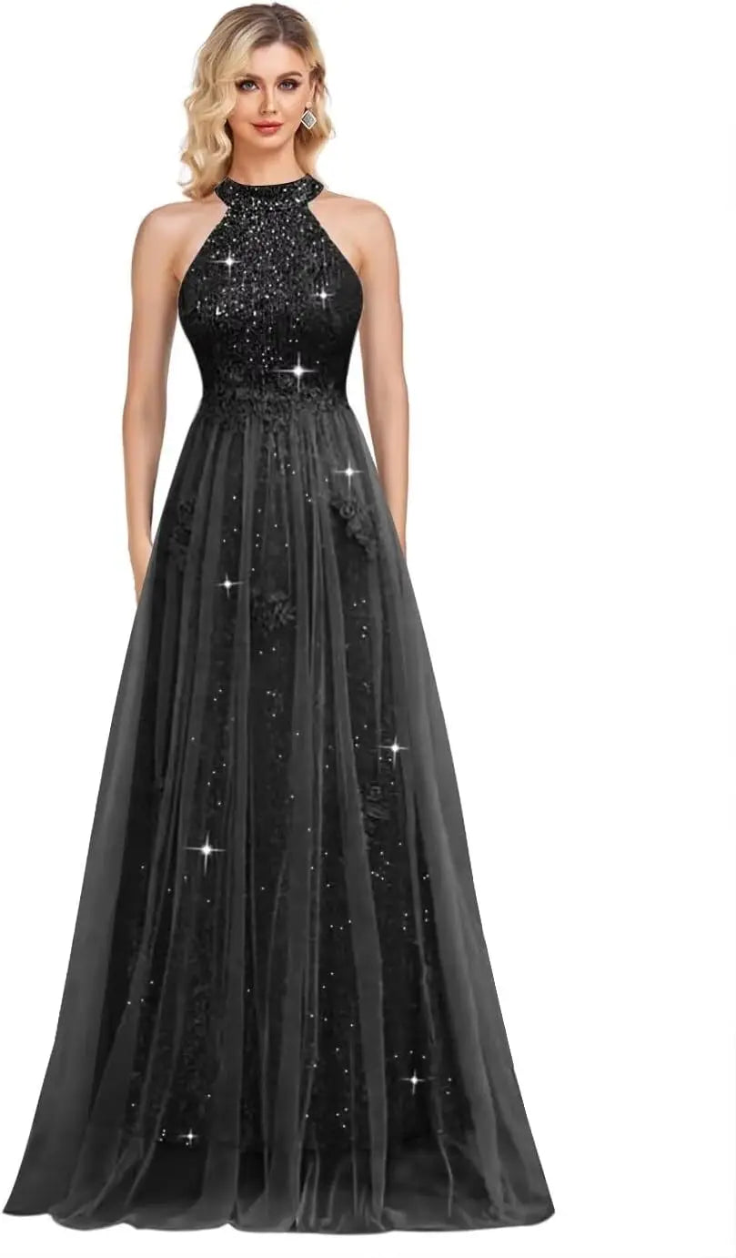 Vestidos de fiesta de lentejuelas con cuello halter y flores, hechos a medida, 2025, de tul brillante, corte A, para boda, fiesta formal de noche 