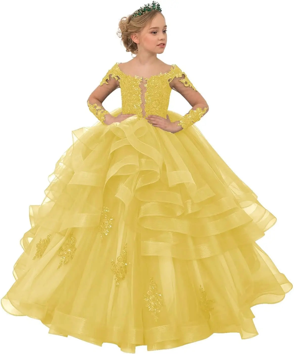 Long Sleeve Flower Girl Dresses Laces Applique Beaded Princess Pageant Dress Beaded Ruffle Tulle Kids Prom Party Gown