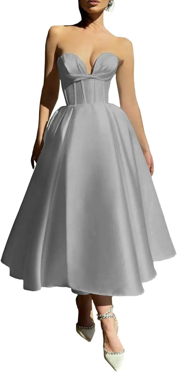 Strapless Prom Dresses 2025 Sweetheart Satin Tea Length Puffy Party Dresses for Women simple wedding dress short wedding dress