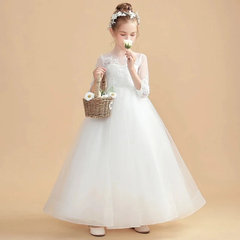 2025 Birthday Party Holy Communion Gowns Flower Girl Dresses White Tulle Flory Appliques 3/4 Sleeve For Wedding