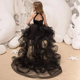 Ballkleid Erstkommunion Kleider Schwarze Blumenmädchenkleider für Hochzeit Tüll Besded Abnehmbare Ärmellose Mädchen Kindergeburtstag 