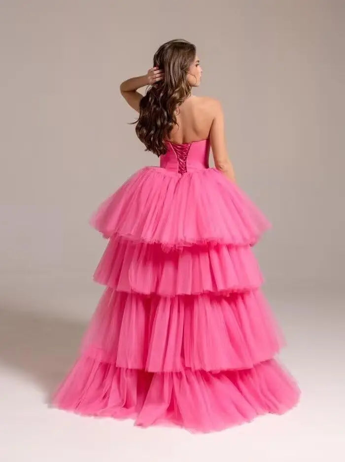 High Low Tüll Ballkleider Lange trägerlose gestufte Abendkleider A-Linie Abendkleid mit Schleppe Partykleider Damen Abend 