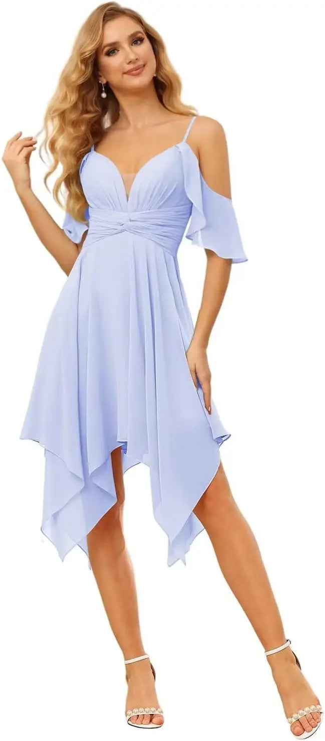 Women's Off Shoulder Chiffon Junior Bridesmaid Dresses Short Pockets Ruffle A Line Formal Dresses with Slit Wedding Party Gown
