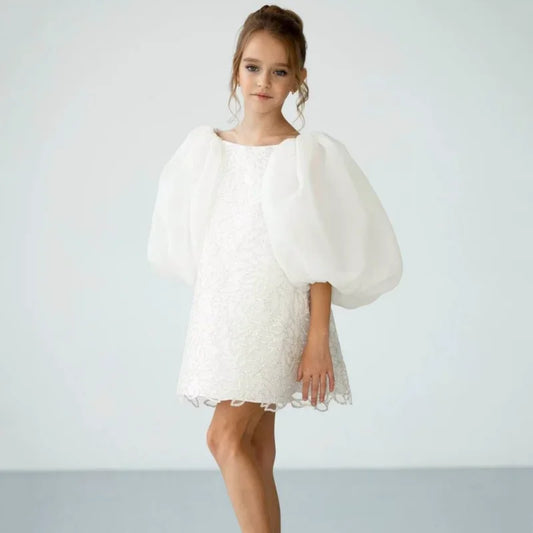 Vestidos de niña de las flores personalizados con bordado floral blanco y lazo de manga corta para bodas, cumpleaños, banquetes, primera comunión. 