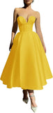 Strapless Prom Dresses 2025 Sweetheart Satin Tea Length Puffy Party Dresses for Women simple wedding dress short wedding dress
