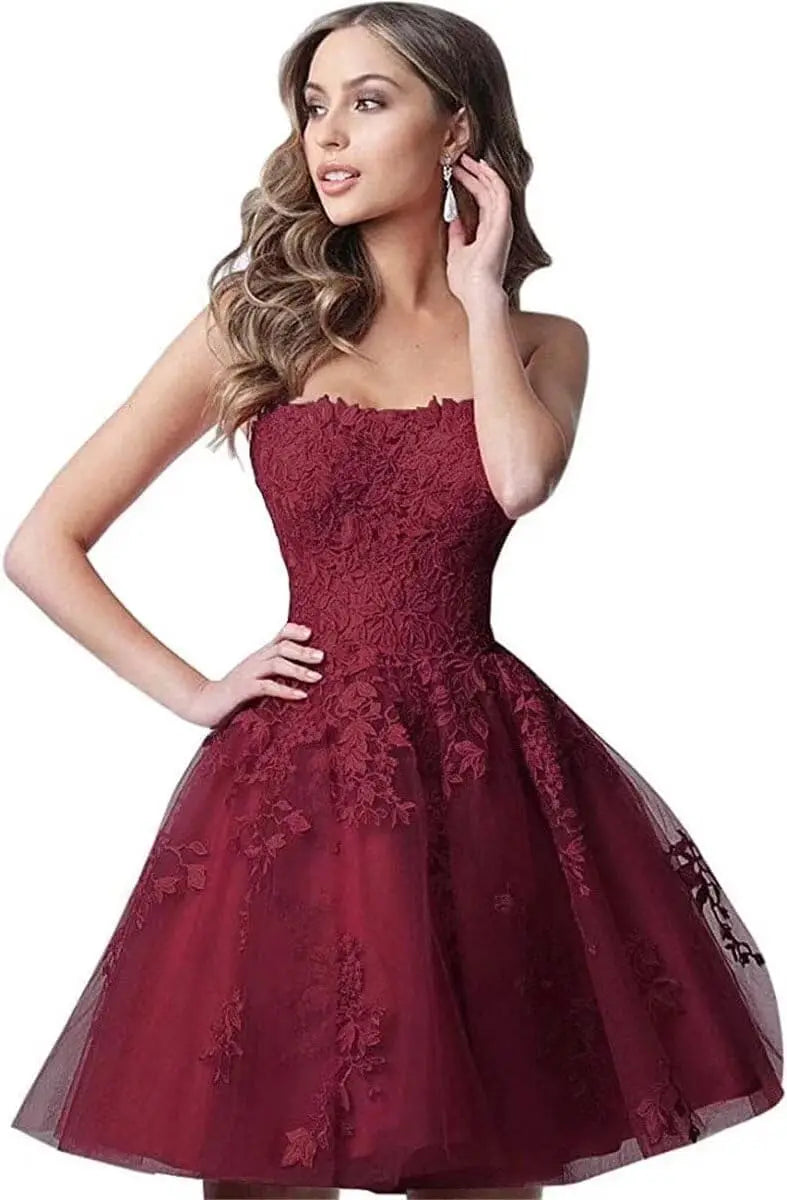 Spitzen-Heimkehrkleider, kurz, A-Linie, trägerlos, formelle Cocktailparty-Kleider, Abschlussballkleid, Ballkleider, Minikleid 